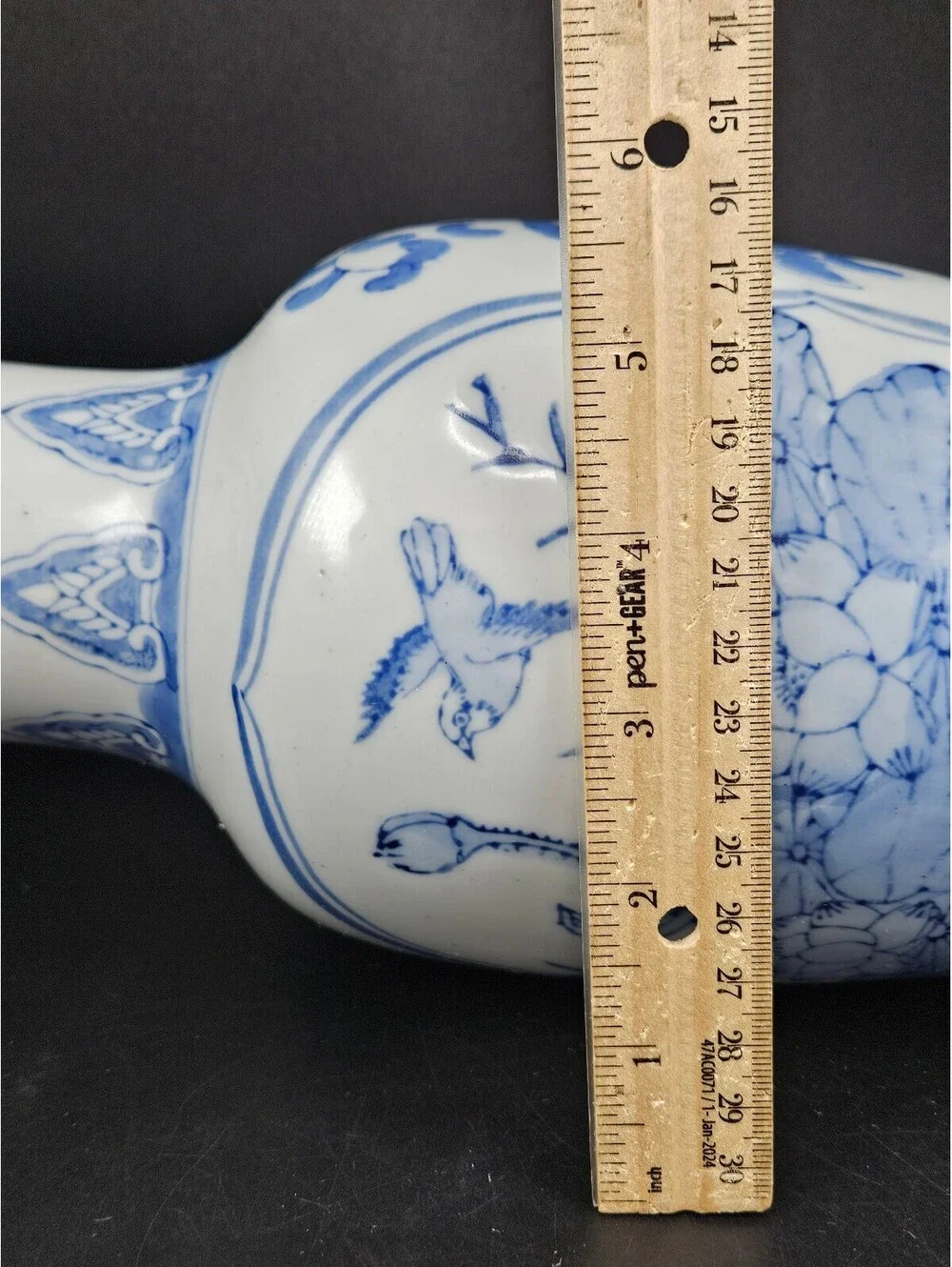 Vintage Blue and White Chinese Porcelain Vase Floral Bird Motif 12” Tall EUC